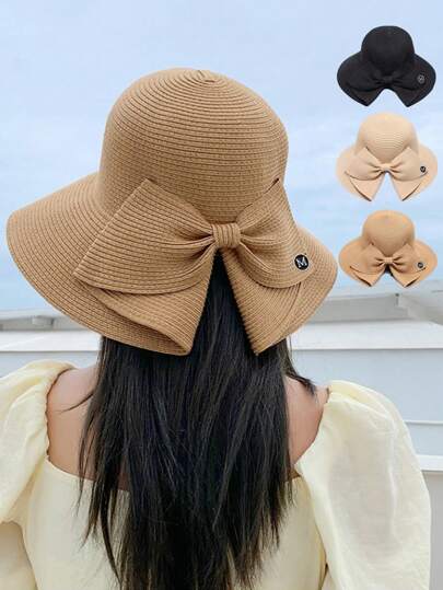 1pc Women Straw Hat With Bowknot & Wide Brim For Spring/Summer Beach Outings, Outdoor New Fashion Sun Protection Hat