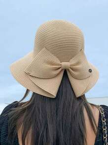 1pc Women Straw Hat With Bowknot & Wide Brim For Spring/Summer Beach Outings, Outdoor New Fashion Sun Protection Hat
