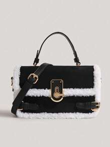 Nouveau sac carré feutré automne/hiver, sac à main femme moelleux avec fermeture à verrou, fourre-tout polyvalent vintage et sac bandoulière croisé