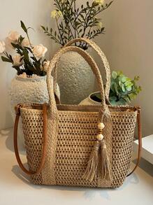 New Fashion Casual Vintage Handmade Woven Tote Bag, Fringe Decor Design, Large Capacity Beach Bag, Versatile Carry All Basket Bag, Unique Small Batch Design, Daily Use - Khaki - View 5