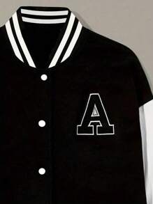 Women's Black & White Contrast Color Baseball Jacket, Letter Embroidery Accent, American Style - Black - View 5
