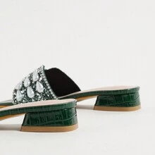 Fashionable New Women's Sandals, Strap Wide Toe Faux Pearl & Rhinestone Decor, Sexy Open Toe, Versatile Casual Low Heel Sandals For Summer - Green - View 5