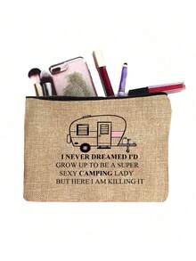Happy Camper Canvas Make-uptas - Polyestervezel Letter Bedrukte Ritssluiting Vrouwen Cosmetische Tas, Opbergtas, Cosmetische Tas Goede Geschenken Voor Koppels En Gezinnen, Studentenhuis Cosmetica Opslag - Veel kleurig - Bekijken 6