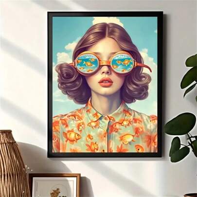 1pc Surrealing Female Portrait Canvas Art Prints, Dreamy Fish And Girl Posters,Wall Art Suitable For Bedroom, Office, And Living Room Decoration, Ready To Hang Gift Ideas Poster Suitable