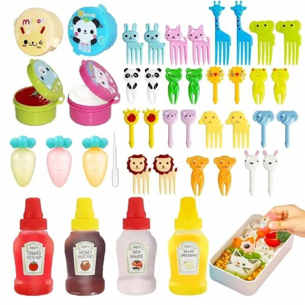 Juego de caja bento de 12/16/42/52/70 piezas con botella exprimible de condimentos, mini recipiente de ketchup y palillos de comida con forma de animales, de material ABS, ideal para el almuerzo y útiles escolares