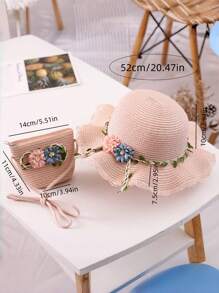 1set Flower Decor Kids Sun Hat + Shoulder Bag Set, Adjustable Sun Protection Hat With Cute Small Pouch, Suitable For Daily Use