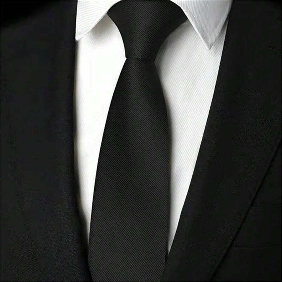 Slim Plain Twill Social Tie With Fine Lines - Black - View 1