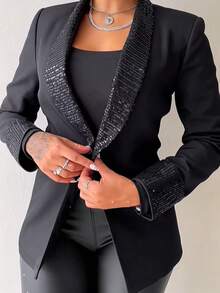 Women's Elegant Party Solid Color Long Sleeve Single-Breasted Sequin Detail Blazer Jacket Spring Fall Fashion Suit