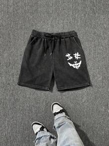 男士复古水洗趣味笑脸印花休闲运动短裤 - 黑色 - 查看 1