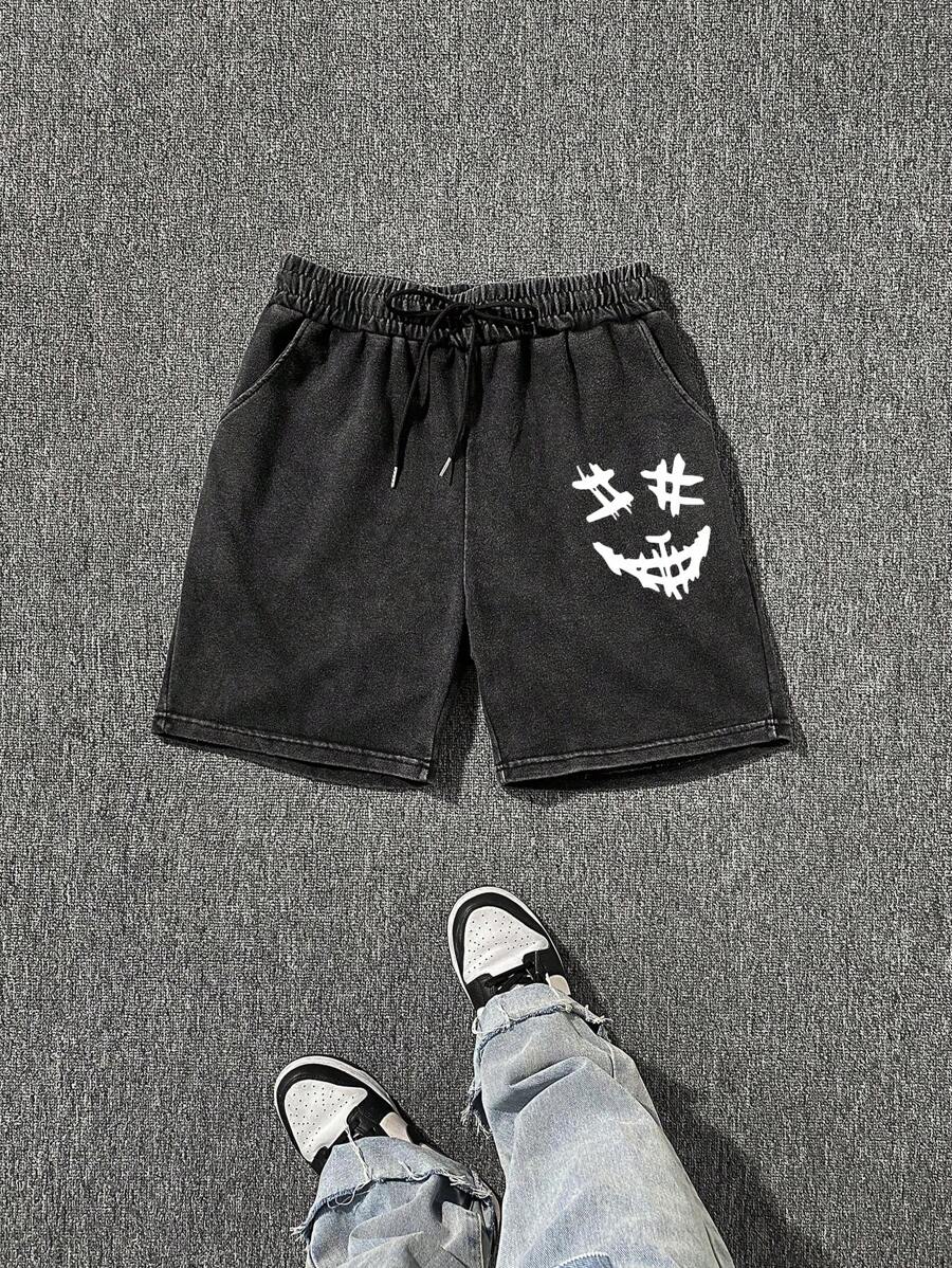 男士复古水洗趣味笑脸印花休闲运动短裤 - 黑色 - 查看 1