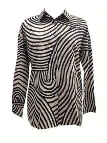 Plus Size Women's Blouse, Fashion Printed Zebra Button-Down Shirt - Spring Vintage Casual Long Sleeve Tops - Coffee Brown - View 3