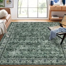 ANPHON Machine Washable Faux Wool Vintage  Printed Area Rug Non Slip Stain Resistant Foldable Easy To Clean And Wash Thin Floor Covering Non Shedding Low Pile Soft Mat With Elegant Bordered Design For Enhancing Home Aesthetic Decor In Living Room Dining Room Laundry Room Bathroom Entrance And Bedroom - Green - View 3