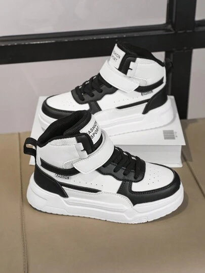 儿童篮球鞋，高帮，PU拼接鞋面，黑白，新款秋冬产品，带扣设计，轻便，舒适，防滑，透气，灵活，儿童运动鞋