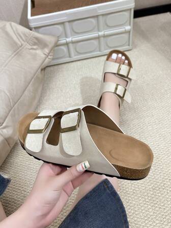 复古厚底防滑女士法式拖鞋，皮革带扣夏季户外沙滩凉鞋，休闲时尚拖鞋