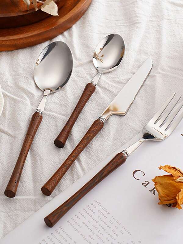 1 Piece Of Stainless Steel Tableware With Wooden Handle - Dishwasher Washable Tableware, Knife, Fork, Spoon, Coffee Spoon - Suitable For Home, Dining, Hotel, Party, Wedding - Dishwasher Safety Gift For Christmas, Halloween, Easter, Thanksgiving