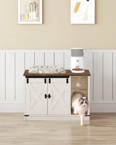 Hzuaneri Cat Litter Box Enclosure, Hidden Litter Box Cabinet Furniture With Cat Bell, Indoor Cat House, Farmhouse Style, 80 X 50 X 53 Cm, For Hallway, Bedroom, Rustic Brown And White