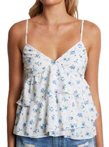 Women's Maternity Camisoles Spaghetti Straps Floral Pattern Ruffled V Neck Crop Tank Tops For Summer - 藍色 - 查看 4