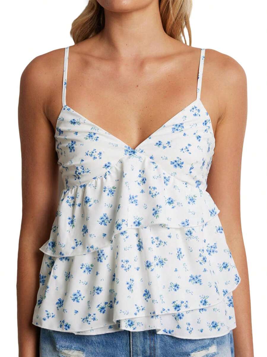 Women's Maternity Camisoles Spaghetti Straps Floral Pattern Ruffled V Neck Crop Tank Tops For Summer - Blue - View 1