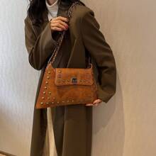 Fashion Chain & Rivet Decor Women Handbag Shoulder Messenger Envelope Bag Lightweight - Brown - View 4