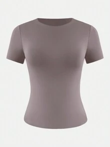XLLAIS Small Round Neck Short Sleeve Solid Basic Skinny Women Casual T-Shirt - Coffee Brown - View 4