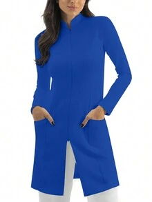 纯色前拉链双口袋实验室外套 - 藍色 - 查看 5