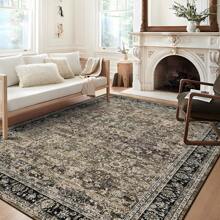 ANPHON Machine Washable Faux Wool Vintage  Printed Area Rug Non Slip Stain Resistant Foldable Easy To Clean And Wash Thin Floor Covering Non Shedding Low Pile Soft Mat With Elegant Bordered Design For Enhancing Home Aesthetic Decor In Living Room Dining Room Laundry Room Bathroom Entrance And Bedroom - Brown - View 1