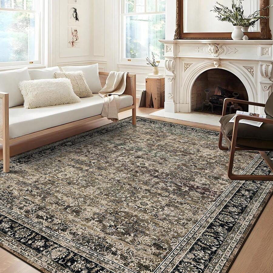 ANPHON Machine Washable Faux Wool Vintage  Printed Area Rug Non Slip Stain Resistant Foldable Easy To Clean And Wash Thin Floor Covering Non Shedding Low Pile Soft Mat With Elegant Bordered Design For Enhancing Home Aesthetic Decor In Living Room Dining Room Laundry Room Bathroom Entrance And Bedroom - Brown - View 1