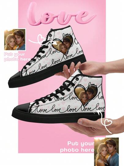 Skräddarsydda alla hjärtans dag högtoppade canvasskor, sneakers med personlig fotodesign, unik romantisk present till honom och henne, hjärtformad fotoskärm, perfekt för par, jubileum eller speciella tillfällen