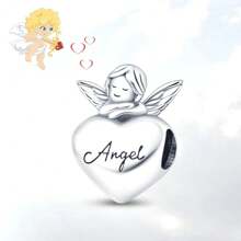 1 pieza Colgante con forma de corazón de Cupido plateado con dijes de ángel bebé, cuentas de vidrio redondas de colores y dije con estampado de cielo estrellado como accesorio para pulseras, brazaletes, collares y joyería de mujer como regalo - Plateado - Ver 1
