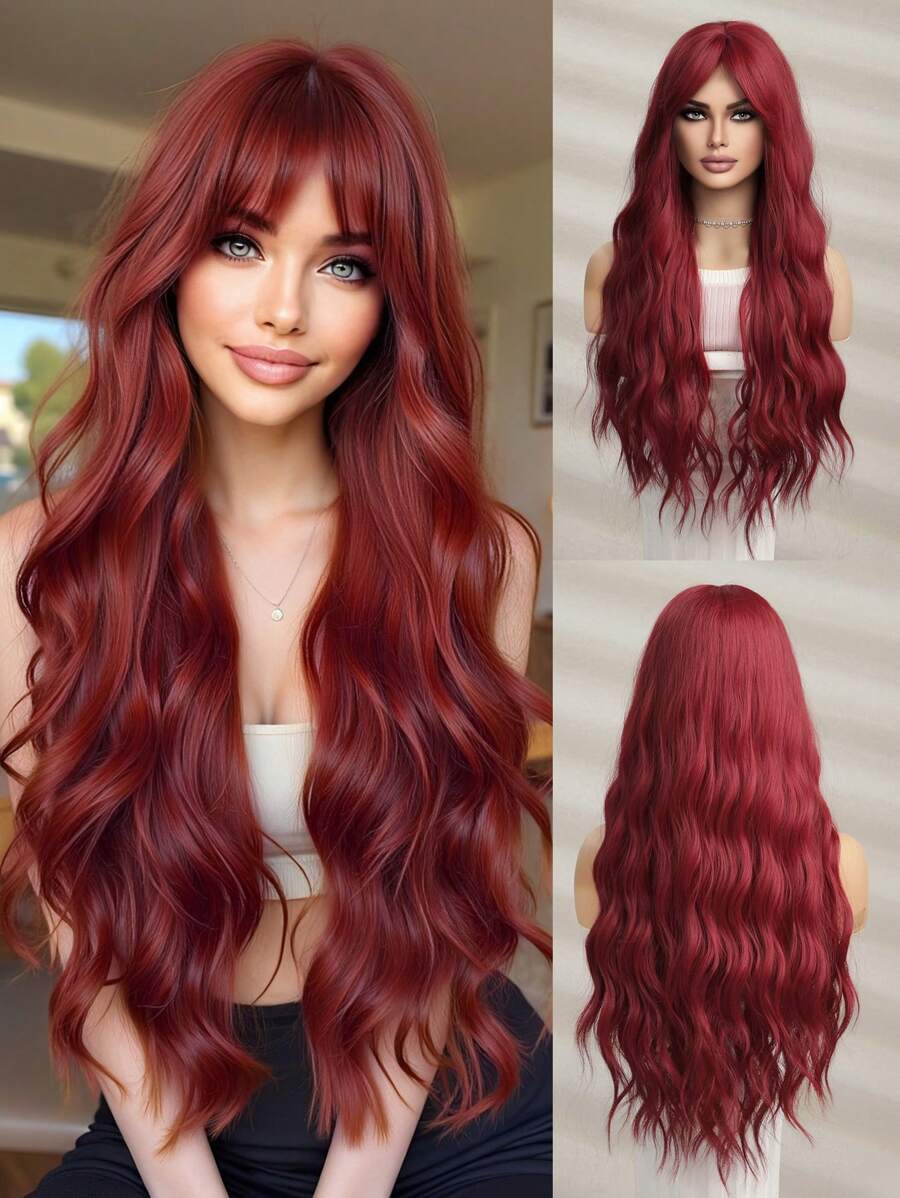 红木长卷发 28 英寸合成假发带刘海女士红色假发耐热自然中分角色扮演派对洛丽塔婚礼假发万圣节 - 紅木色 - 查看 1