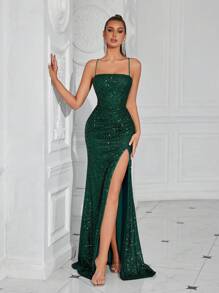 ADYCE Women's Sequin Criss-Cross Backless High Slit Spaghetti Strap Party Dress, Suitable For Parties, Events, Wedding Guests, New Year - Dark Green - View 1