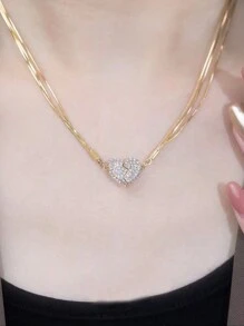 1pc Super Sparkling Rhinestone Magnet Heart Necklace, Simple Fashionable All-match Collarbone Chain - Gold - View 5