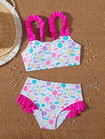 Tween Girls Ruffle Trim Candy Print 2 Pieces Bikini Set