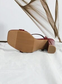Burgundy Backstrap New Style High Heel Sandals, Minimalist Strap Bow Decor Square Toe Chunky Heels Ladies Gladiator Sandals