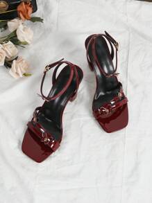 Burgundy Backstrap New Style High Heel Sandals, Minimalist Strap Bow Decor Square Toe Chunky Heels Ladies Gladiator Sandals