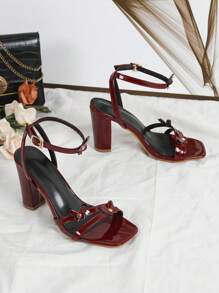 Burgundy Backstrap New Style High Heel Sandals, Minimalist Strap Bow Decor Square Toe Chunky Heels Ladies Gladiator Sandals