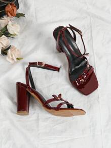 Burgundy Backstrap New Style High Heel Sandals, Minimalist Strap Bow Decor Square Toe Chunky Heels Ladies Gladiator Sandals