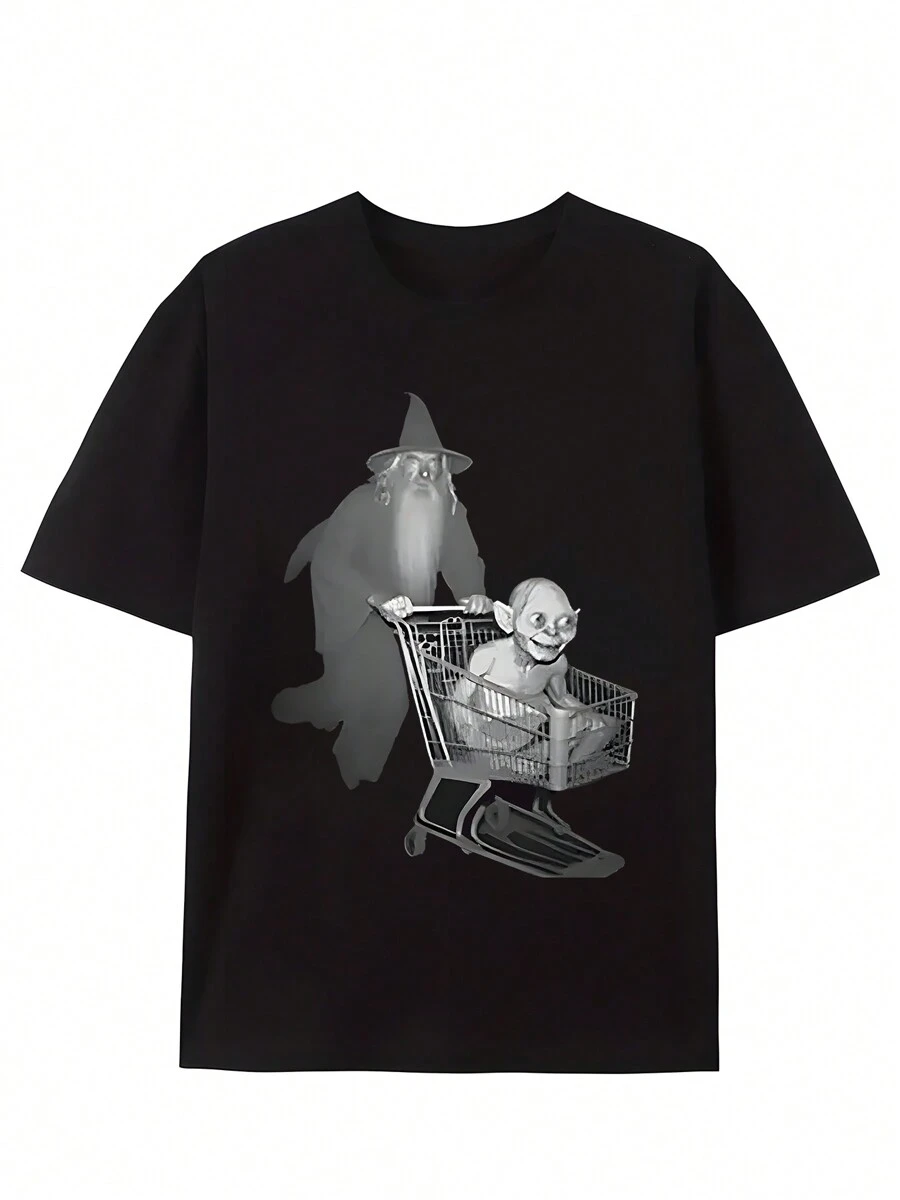 Gandalf Pushes Gollum's Shopping Cart With Interesting Men's Short Sleeved T-Shirt Design Series - 黑色 - 查看 1