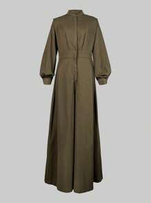 Solid Color Round Neck Long Sleeves Wide Leg Jumpsuit Spring And Autumn Fashion High Waist Split-Joint Pleated Overalls - 棕色 - 查看 3