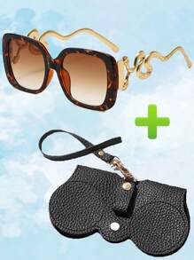 2 件男女通用金属蛇纹时尚眼镜 + 便携式眼镜盒，超大镜框，欧美时尚海滩配饰，情人节/节日礼物 - 彩色 - 查看 4