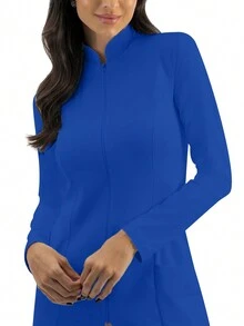 纯色前拉链双口袋实验室外套 - 藍色 - 查看 7