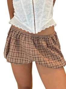 Womens Plaid Shorts Elastic Waist Bloomer Shorts Casual Short Pants Summer Streetwear - Khaki - View 1