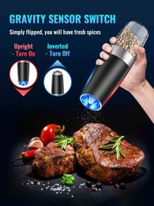 Electric Salt And Pepper Grinder Set Automatic Salt And Pepper Grinder Set With LED Light, Battery Operated, Adjustable Coarseness, Large Capacity, For Home Kitchen BBQ Single-Handed Automatic Operation Stainless Steel - Black - View 5
