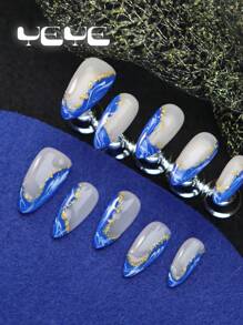 Mantieni sempre le tue unghie bellissime con set da 10 pezzi di unghie finte a forma di mandorla in blu reale e bianco con effetto floreale, stile bohémien minimalista, french tips in lamina dorata, elegante set completo di unghie acriliche finte per donne e ragazze, realizzato a mano, con 1 lima per unghie mini e 1 foglio di adesivi
