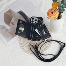 1 pieza Funda de protección tipo planificador, Funda protectora de hombro cruzado para teléfono inteligente de moda, con soporte lateral ajustable, espejo de maquillaje, correa para el cuello, ranuras para tarjetas y monedero