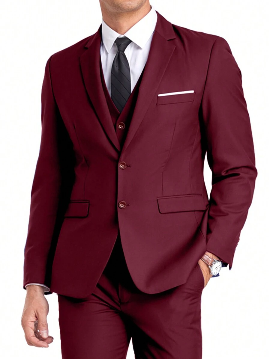 Furuyal Men's 3 PiecesElegant Suit Set, Gentlemen's Solid Color Double-Breasted Slim-Fit Single-Breasted Suit Jacket, Vest, Trousers & Tie Set, Suitable For Weddings, Parties, Etc., Deep Wine Red, Size XS-3XL - Burgundy - View 1