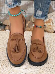 Mocassins décontractés à franges, plateforme rétro, bout pointu, plates-formes pour femmes