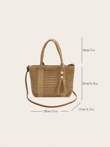 New Fashion Casual Vintage Handmade Woven Tote Bag, Fringe Decor Design, Large Capacity Beach Bag, Versatile Carry All Basket Bag, Unique Small Batch Design, Daily Use - Khaki - View 11
