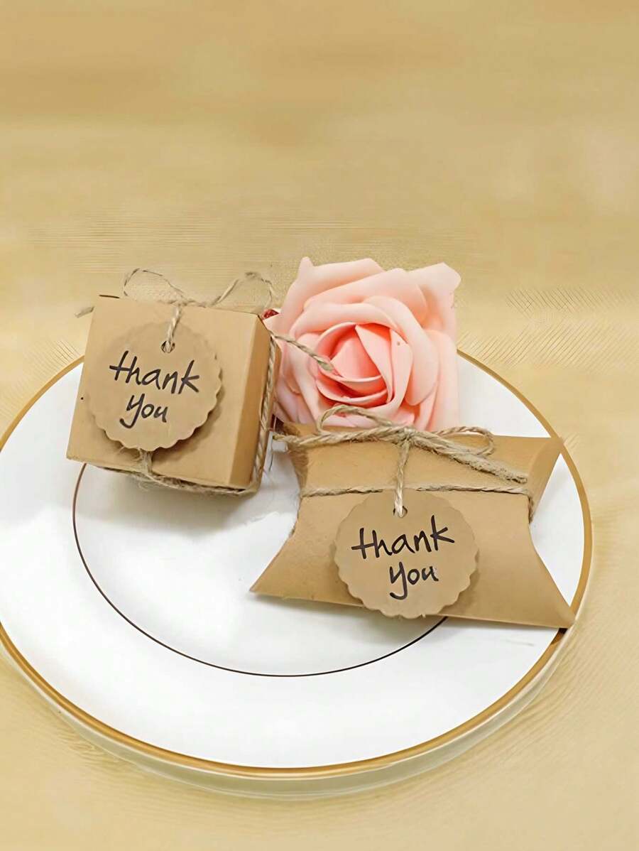 10pcs Kraft Paper Pillow Candy Boxes, Foldable Gift Boxes With Jute Ropes, Suitable For Wedding, Party, Birthday, Holiday (With Cards), Valentine's Day - Multicolor - View 1