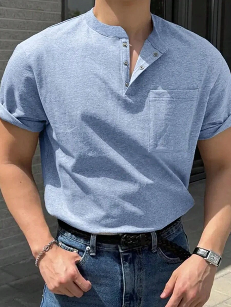 Men's Front Button Pocket Casual Comfortable T-Shirt - Blue - View 1